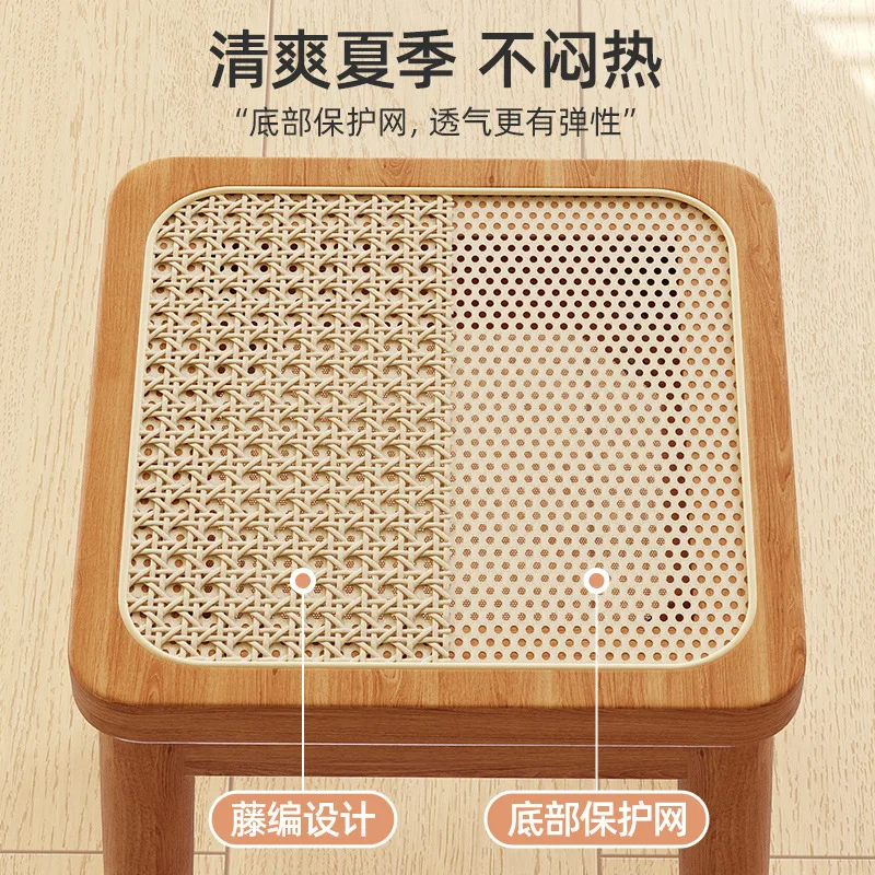 Rattan stool household stackable medieval square stool dining table bench spare breathable dining