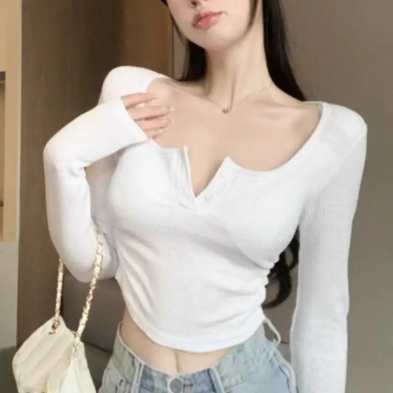 

Корейский стиль, сексуальная футболка принцессы «Чистое желание», короткая стильная футболка с открытым пупком и длинными рукавами для женщин, весенне-осенний топ для девочек