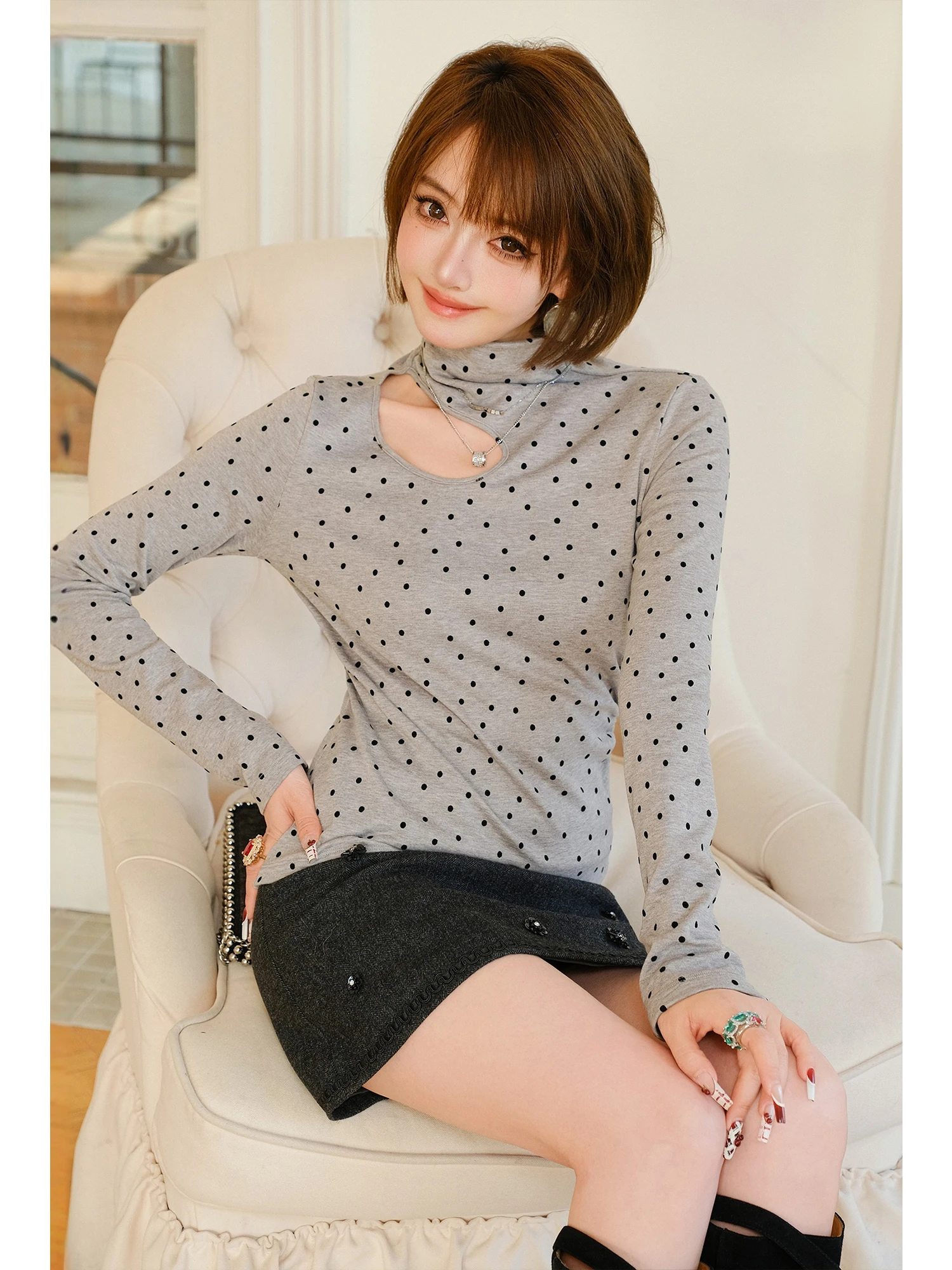 

Женский топ MIUCO с вырезами и принтом в горошек, с высоким воротником, облегающий, для ношения как под одежду, так и поверх нее, из хлопка, комфортный, с длинными рукавами