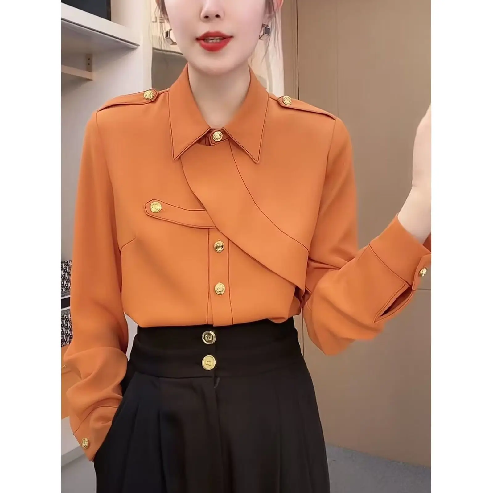 2024 Autumn New Simplicity Buttons Solid Color Turn-down Collar Long Sleeve Blouse Ladies Temperament Irregular Cardigan Shirts