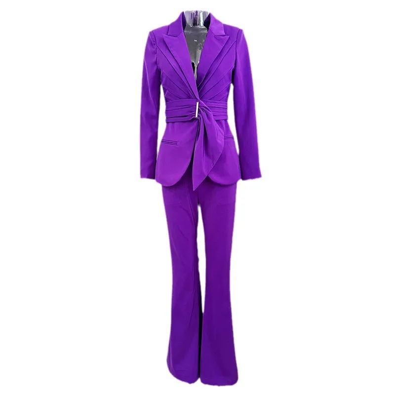 Purple Women Suit Set 2 Piece Blazer+Pants Formal Office Lady Business Work Wear Elegant Girl Formal Coat Prom Dress With Belt