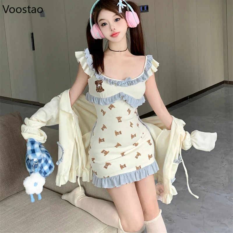 Autumn Kawaii Bear Print Lolita Two Piece Set Women Casual Bow Party Mini Dress Coat Suit Female Princess Korean Elegant Clothes