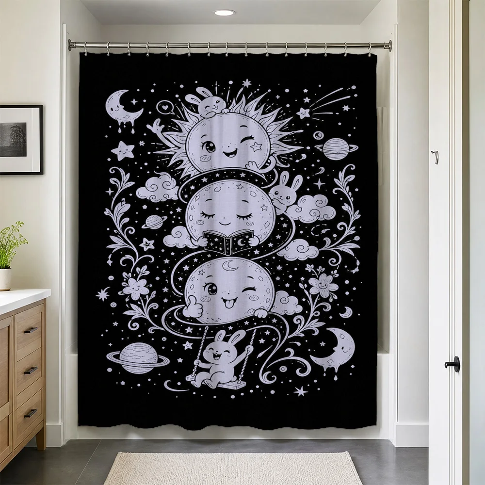 Waterproof Celestial Shower Curtain Black Background Moon Sun Star Planets Space Nursery Boho Decor Cute Kids Bathroom Accessori