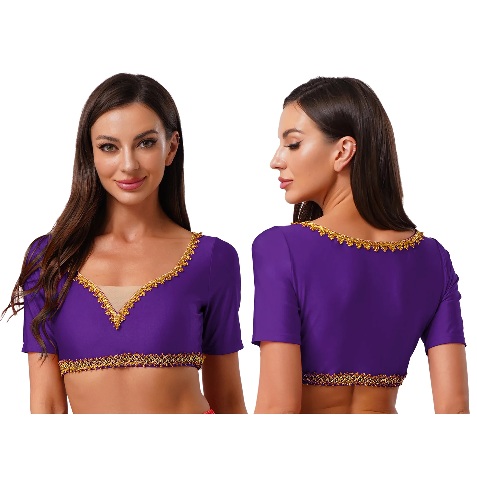 Costume da danza del ventre da donna Top camicetta corta con finiture dorate luccicanti Abbigliamento da pratica a maniche corte traspirante per danza indiana del Medio Oriente