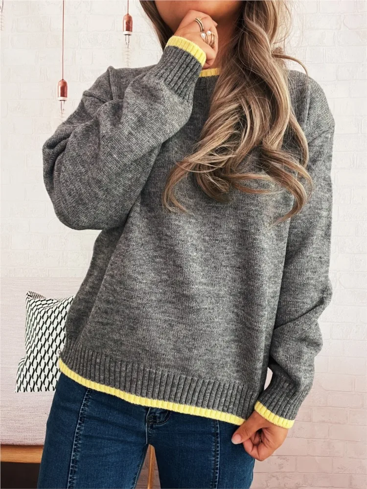 Winter Clothes Woman Sweater Pulls Femmes Contrast Commuting All-match Loose Simple Style Comfortable Trendy Knitted Pullover