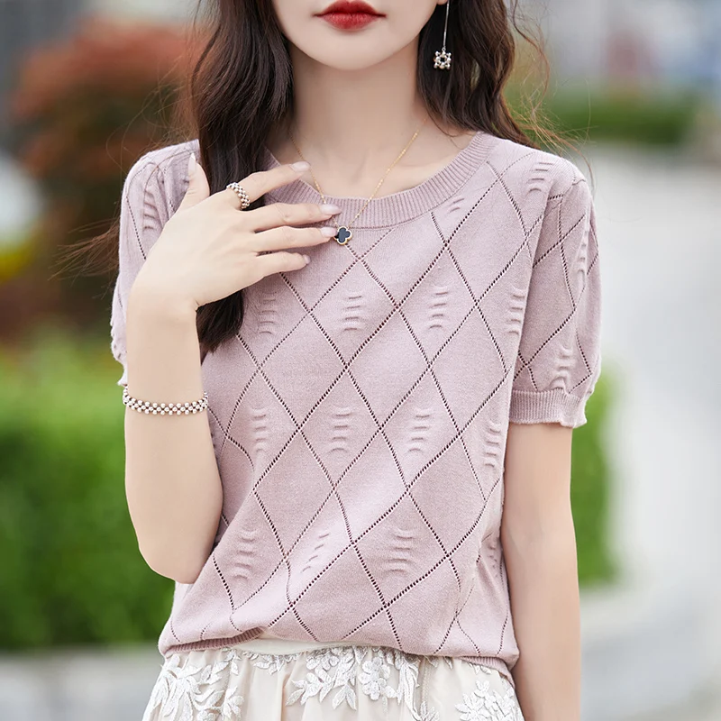 Women\'s Sweater Spring/Summer Short sleeved O-neck Thin Pullover Solid Color Korean Fashion T-shirt Bottom Soft Knitted Pullover