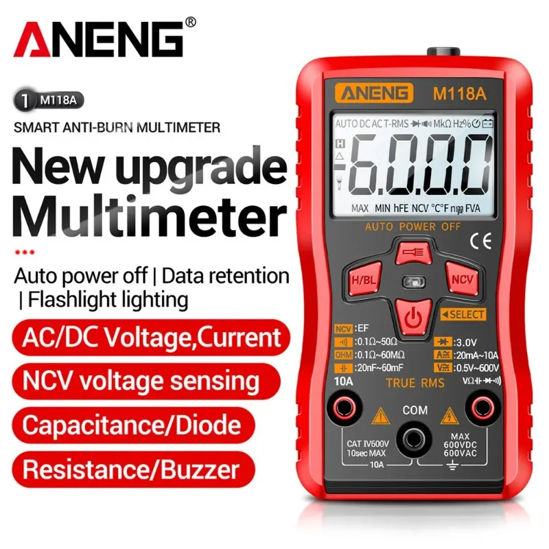 

ANENG M118A Digital Mini Multimeter Tester 6000counts Auto Mmultimetro True Rms Tranistor Meter with NCV Data Hold Flashlight