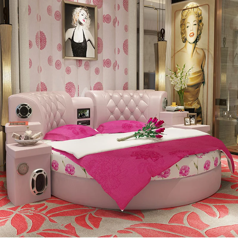 

&Custom King Size Double Leather Round Bed Set Woood Frame Bedroom Furniture Multifunctional Smart Luxury Bed