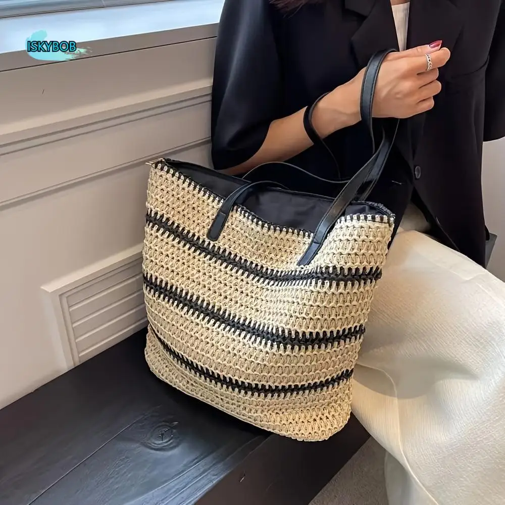 

Elegant Women Straw Shoulder Bag Large Capacity Solid Color Stripped Crochet Mesh Tote Underarm Bag Versatile