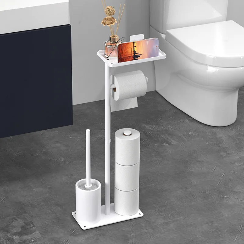 Freestanding Bathroom Tissue Holder — Vertical, Movable Toilet Paper Storage Rack with Nail-Free Design and Integrated Toilet Br view 3