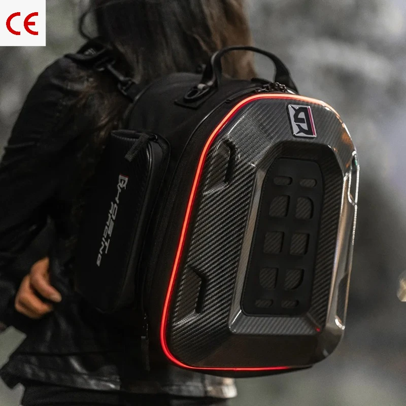 Multifunctional Motorcycle Hard Shell Backpack & Tail Bag, Built in LED Light, Durable Large Space for Helmet Storage on Daily
