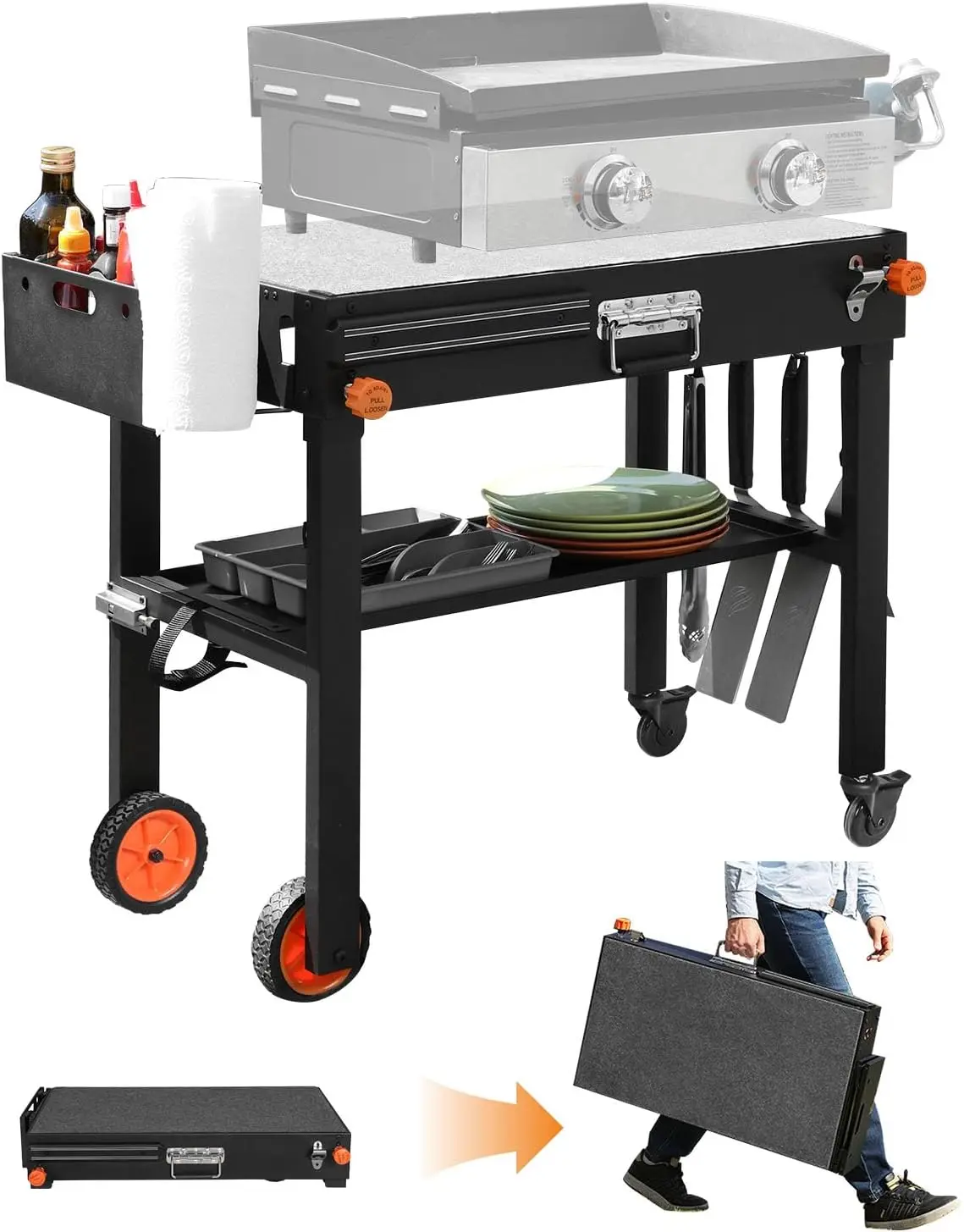 Movable Kitchen Cooking Prep BBQ Cart with Wheels, Folding Grill Cart for Ninja Grill, Blackstone Griddle 17