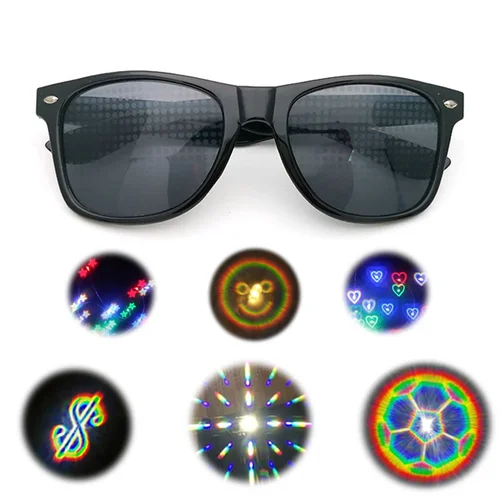 Gafas de fuegos artificiales ópticas diferentes, gafas de sol de efecto especial, espectáculo de luces de baile, gafas femeninas, estrella, fútbol, dólar, forma de corazón