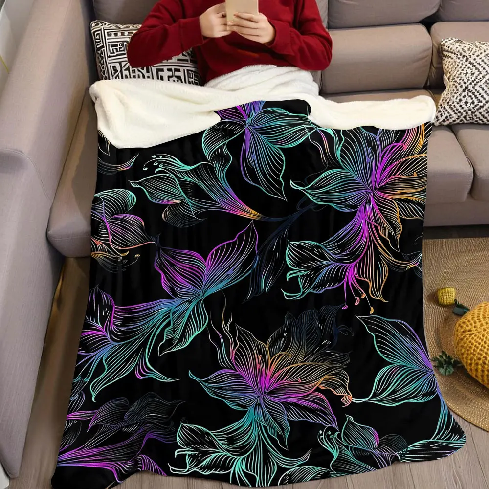 neon rainbow lily line art Flannel Blanket Warm Soft Halloween Christmas Decorative Couch Warm Cozy All-Season Gift