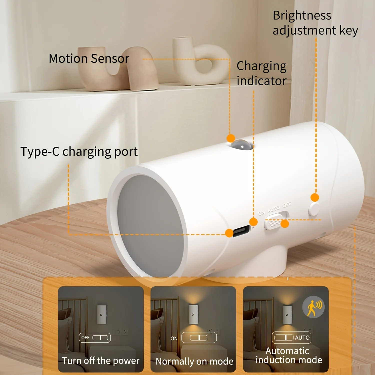 Rechargeable LED Night Light with Motion Sensor Wall Lamp 3 Light Modes Indoor Light Magnetic Staircase Light