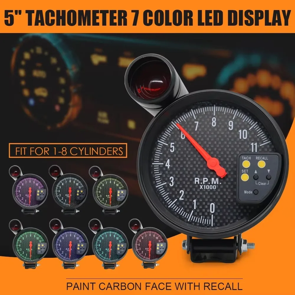 5-inch Car Tachometer Carbon Stripe Color Surface Modified Car Instrument Panel 7 Color Backlight Display 12V