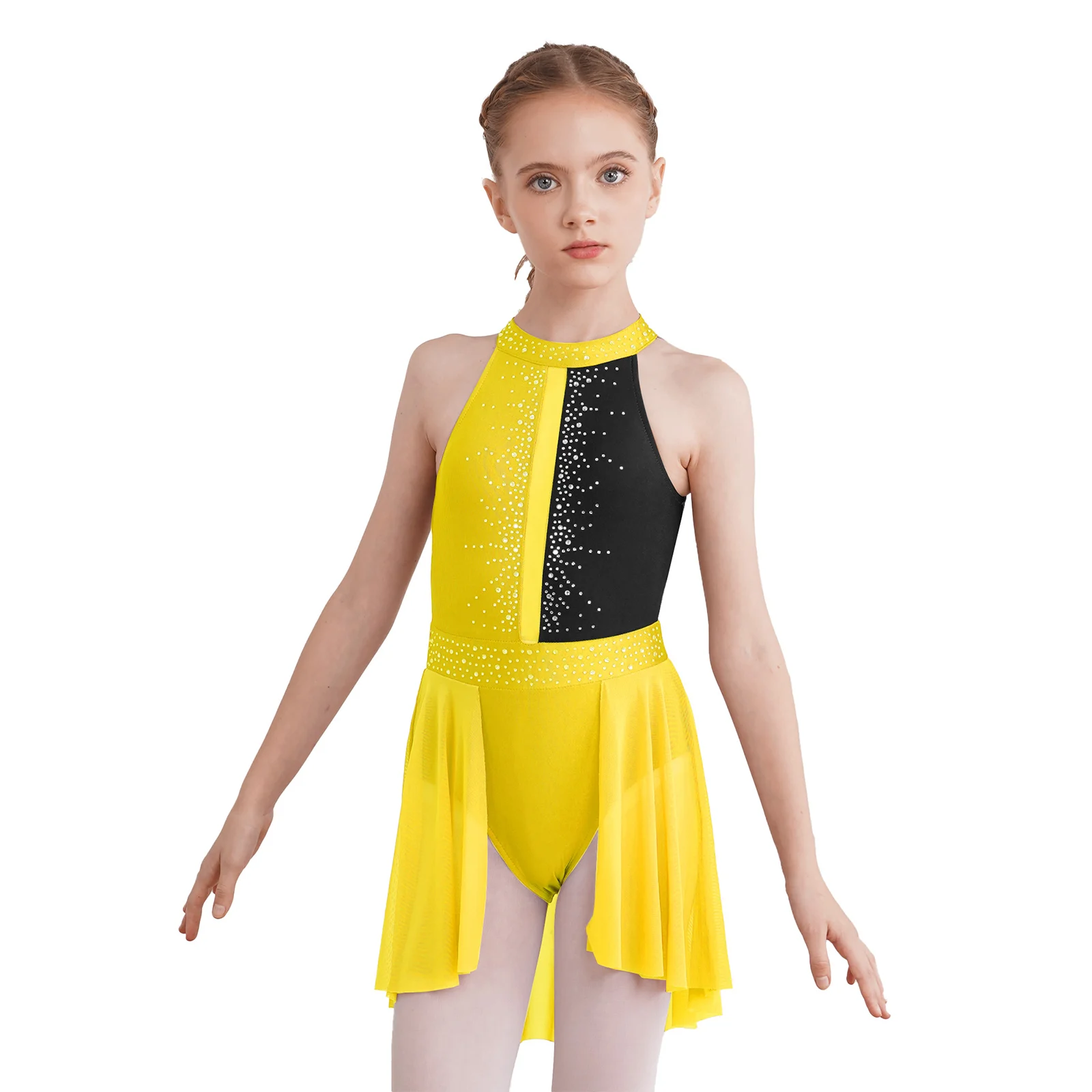 Ballet Stage Showing Leotard Girls Patchwork Bodysuit with Tutu Dress Sleeveless Shiny Backless Halter Neck Lyrical Dance Dress