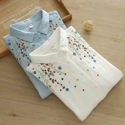 2025 Autumn 100% Cotton Flower Embroidery Shirts Women Lapel Collar Blue White Basic Tops Girl Long Sleeve Blouses Ladies Tops