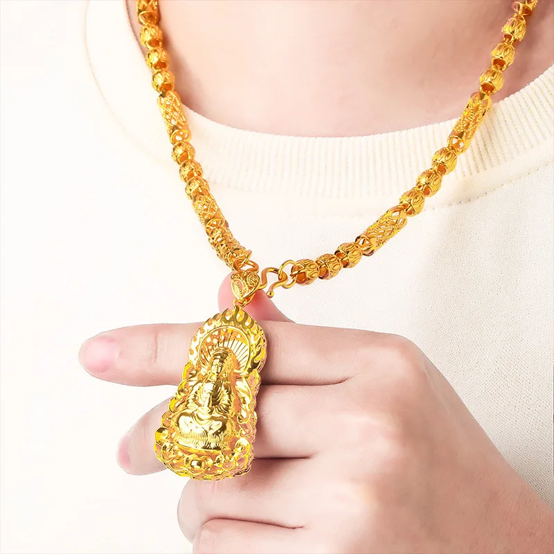 

60cm Bold Kwan-yin Walnut Necklace for Men (24K AU999) - Micro-Carved Kwan-yin Walnut, Gradient Shiny Finish, Zen Tea Ceremony