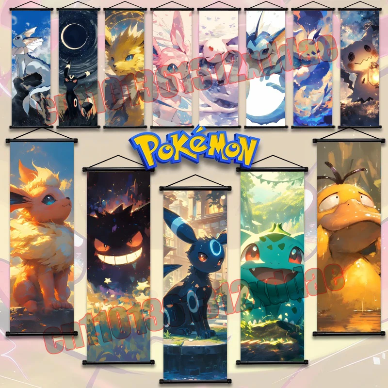 

Anime Pokemon Poster Cute, Gengar, Pikachu, Eevee, Psyduck, Print Art White Canvas Scroll Drawing Living Room Decor Art Painting