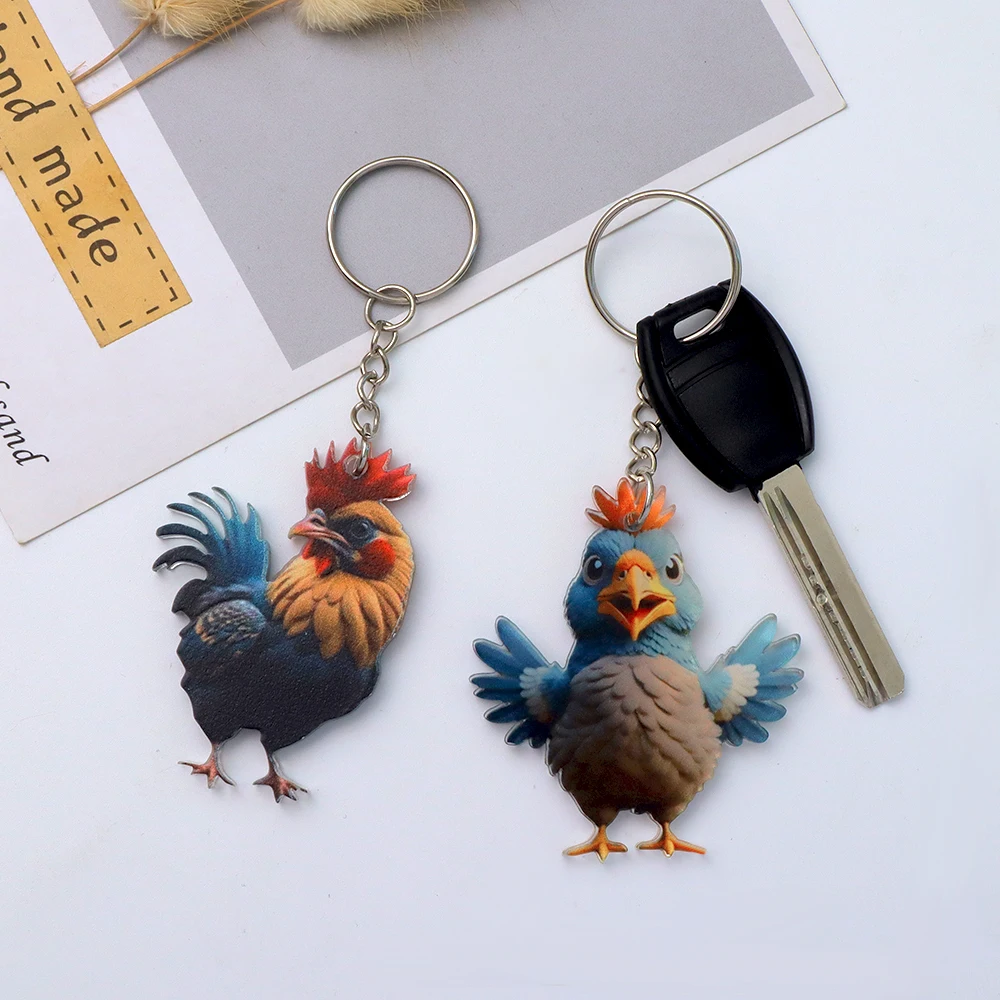 Creative Christmas Rooster Keychain Cartoon Acrylic Chicken Key Ring For Men Car Key Holder Backpack Pendants Home Charm Gifts