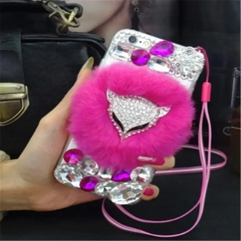Luxury Bling Diamond Fox Head Warm Rabbit Fur Phone Cover for iphone 15 Plus 14 16 12 13 16Pro MAX XS XR 16PLUS phone Case