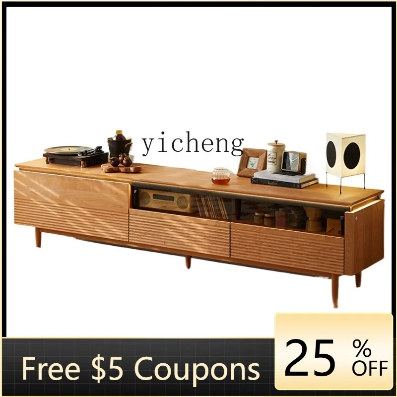 

ZZF Solid Wood Seamless TV Cabinet Cherrywood Living Room Home Floor TV Cabinet and Tea Table Storage