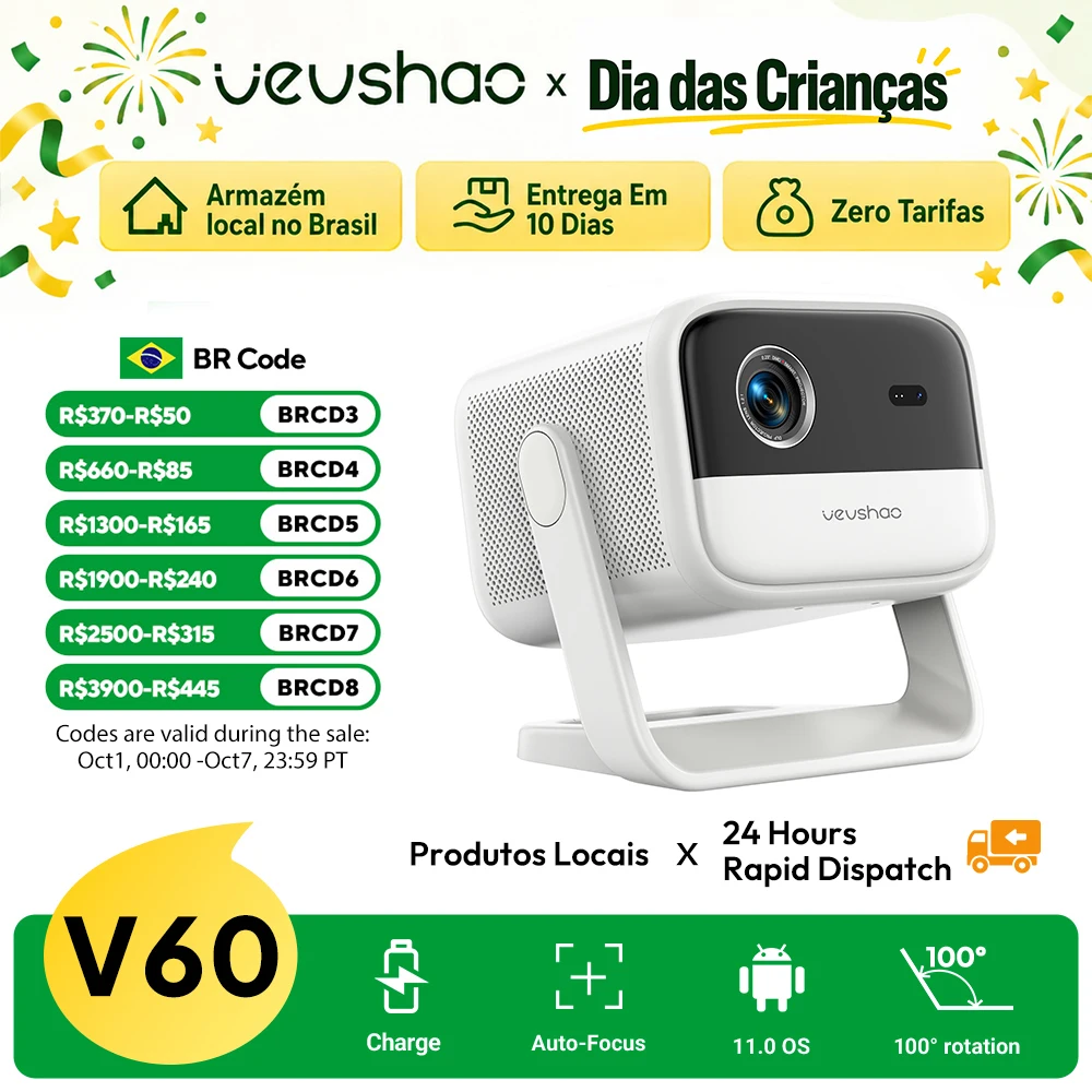 Projetor VEVSHAO V60 4K Portátil Mini Full HD 1080P Wifi6 BT5.2 Projetor de Vídeo com WiFi Android 11 Auto Keystone Home Theater