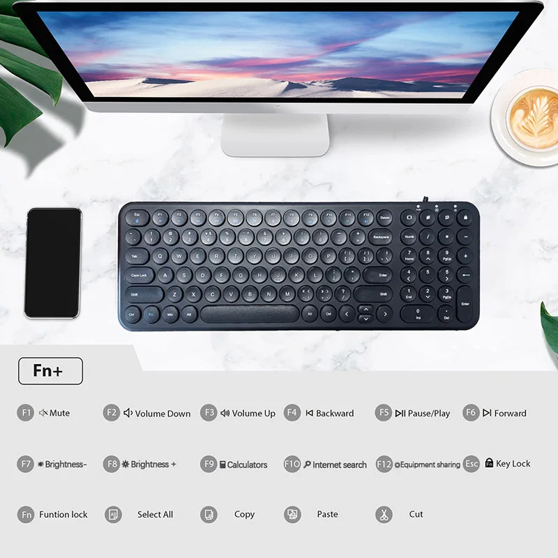 Teclado ergonómico con cable silencioso, dispositivo de escritura redondo Retro de 100 teclas, USB, Plug and Play, para ordenador portátil/escritorio, negro