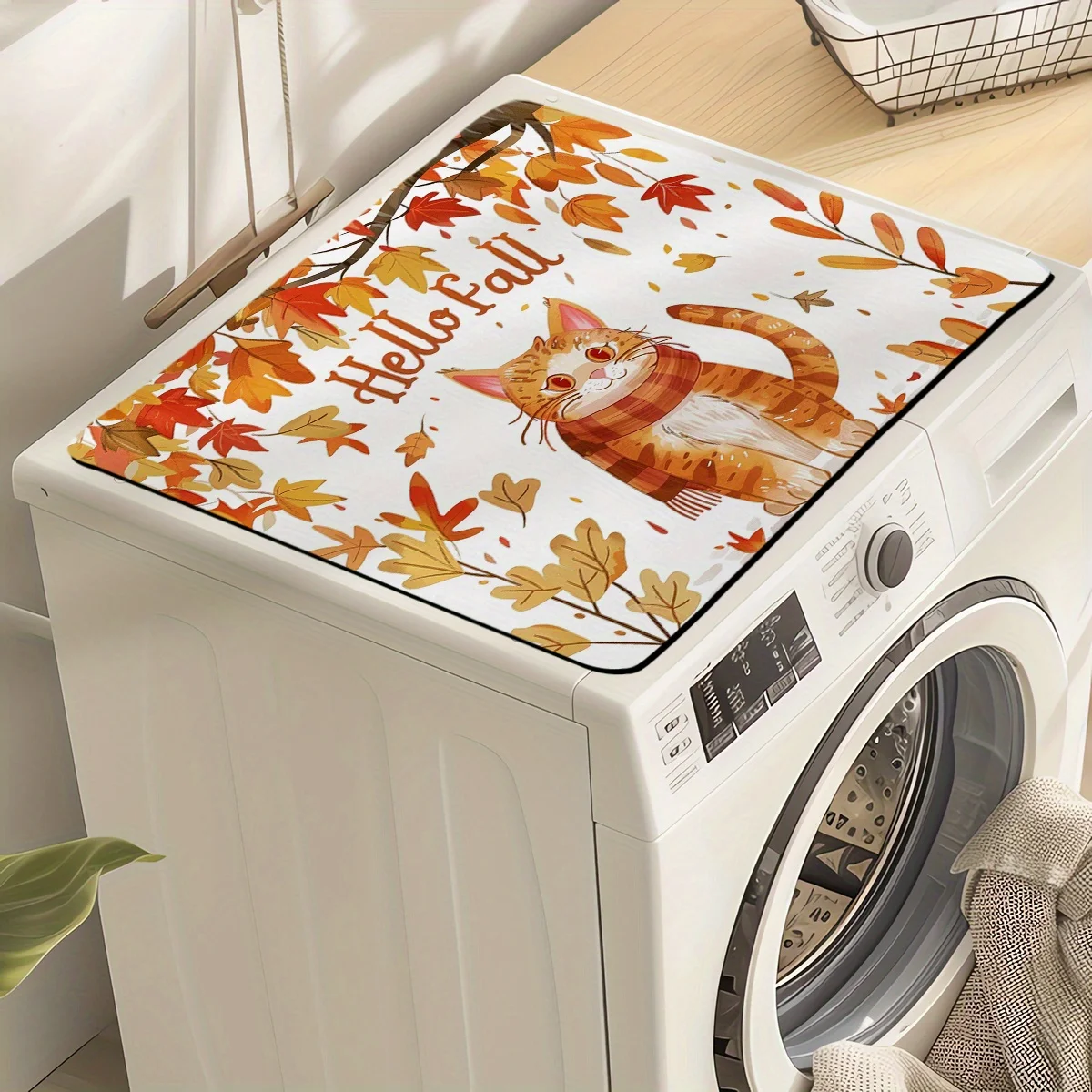 Hello Fall Cat Multi‑Use Mat Dish Drying Surface Mat Washing Machine Top Cover Non‑Slip Decor Mat for Kitchen Laundry Room