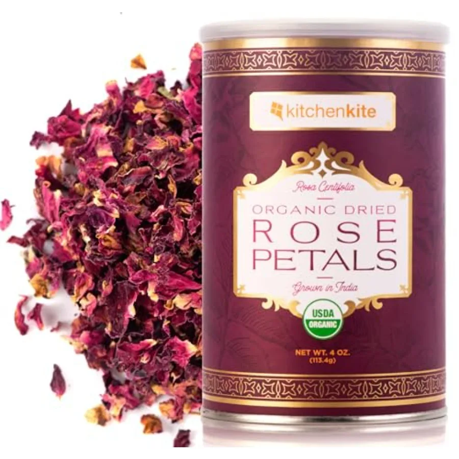 

Organic Dried Red Rose Petals 4oz - Food Grade Organic Edible Rose Petal, Caffeine-free, Non-GMO, Herbal Tea - Use in Beverages