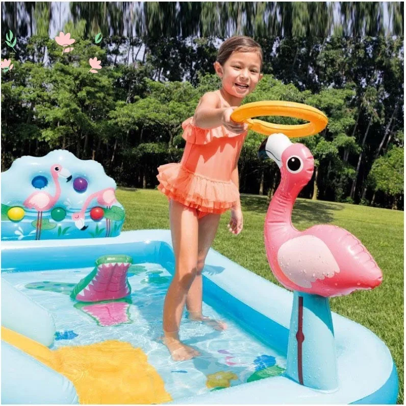 Rainbow Flamingo Pool, Family Fountain with Slide, Cartoon Inflatable Ocean Ball Pit