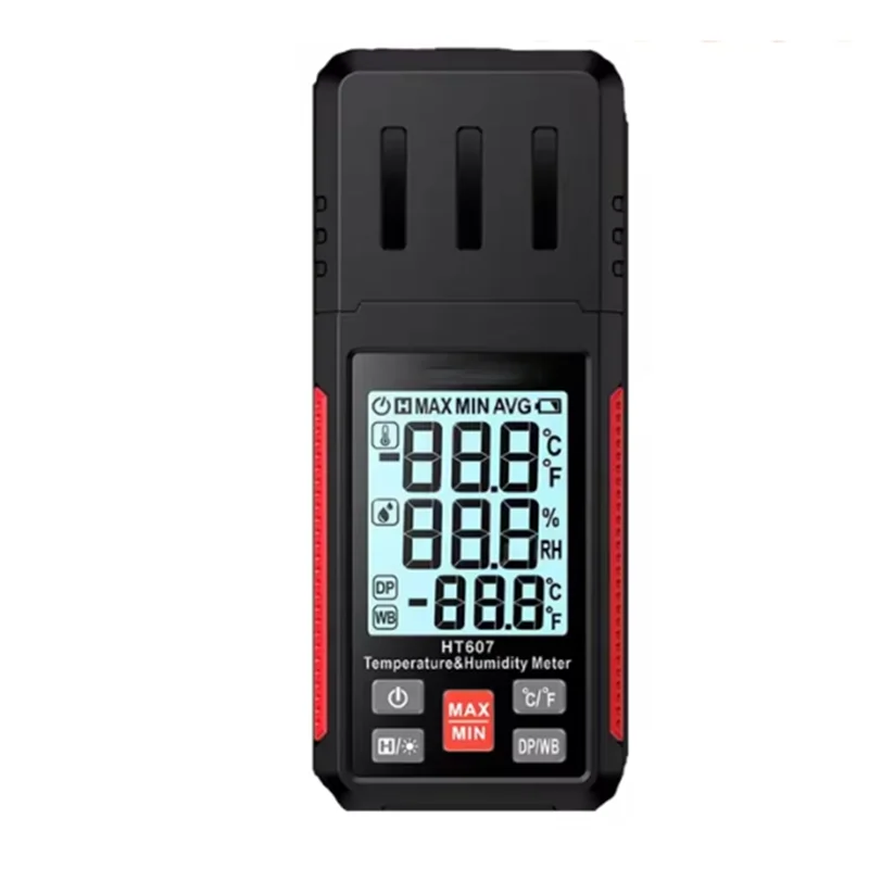 

A99E-HT607 Цифровой измеритель температуры и влажности высокой точности с функцией измерения точки росы окружающей среды Цифровой гигрометр