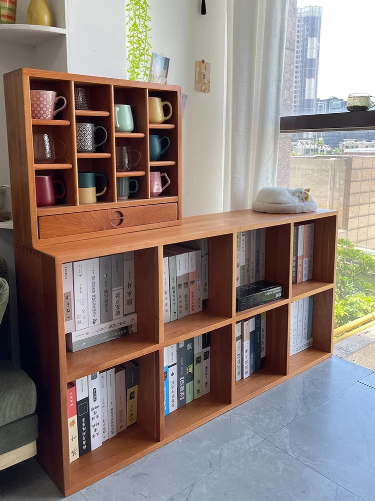 Solid wood bookshelf storage rack, floor to wall low cabinet, cherry wood Japanese Nordic free combination storage grid bookshel