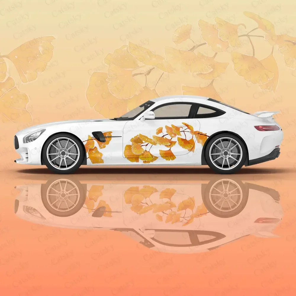 Gold Ginkgo Leaf Car Graphic Decal Protect Custom Full Body Vinyl Wrap Modern Design Image Wrap Sticker Decorative Car Decal