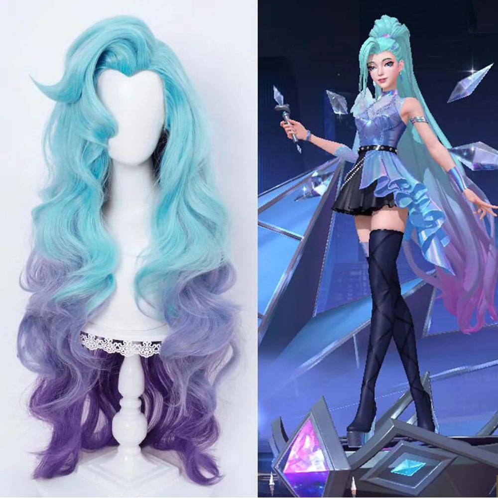 

LoL KDA Seraphine Cosplay Wig Women Loose Wavy Long Green Mixed Purple Wigs Heat Resistant Synthetic Hair