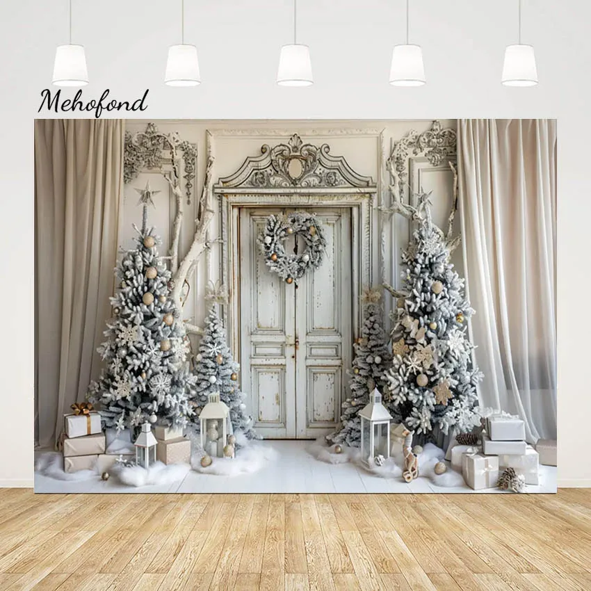 

Mehofond Christmas Curtains Photography Backdrop Retro Door Family Holiday Party Xmas Trees Gifts Decor Background Photobooth