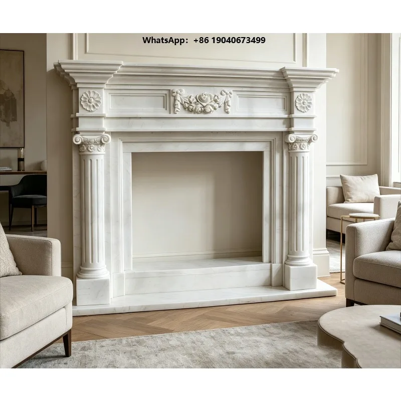 White Marble Fireplace Floral Ionic Column Design with Rose Ribbon Carving  wjr