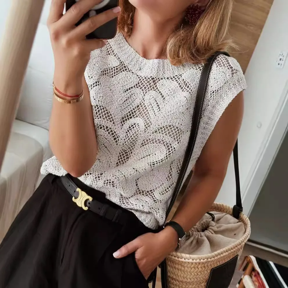Women's Hollow Out Knitted Sleeveless Vest Relaxed Fit Cropped Top Outerwear New Design Waistcoat Ropa Mujer