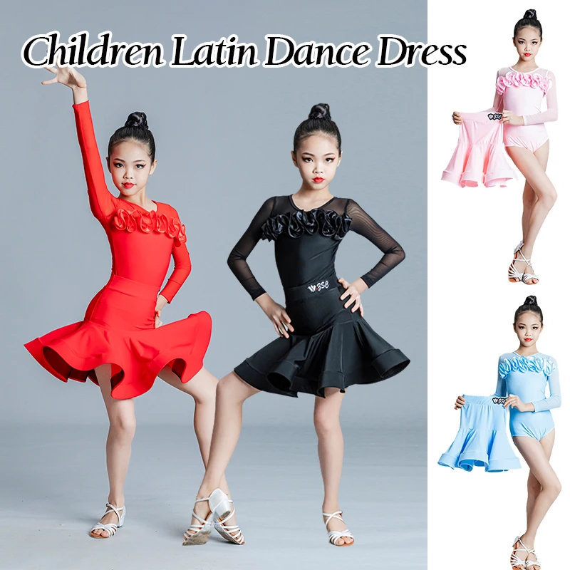 

Girls Latin Dance Dress Children Ballroom Dance Costume Kid Rumba Cha Cha Samba Tango Tops Skirts Practice Stage Performance