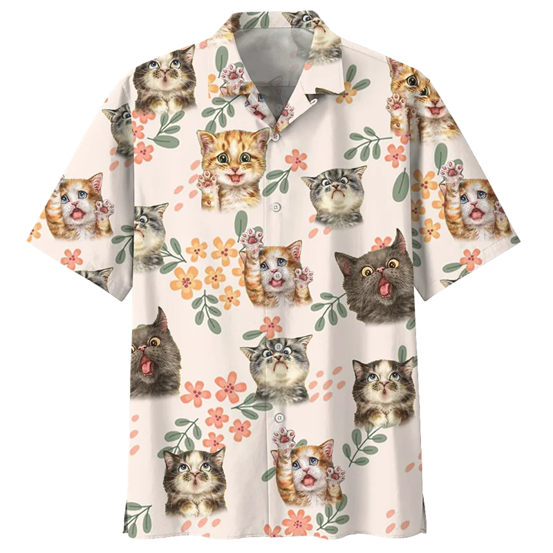 Camisa hawaiana con estampado 3D de gato para hombre, blusa holgada de manga corta con solapa, botones Y2k