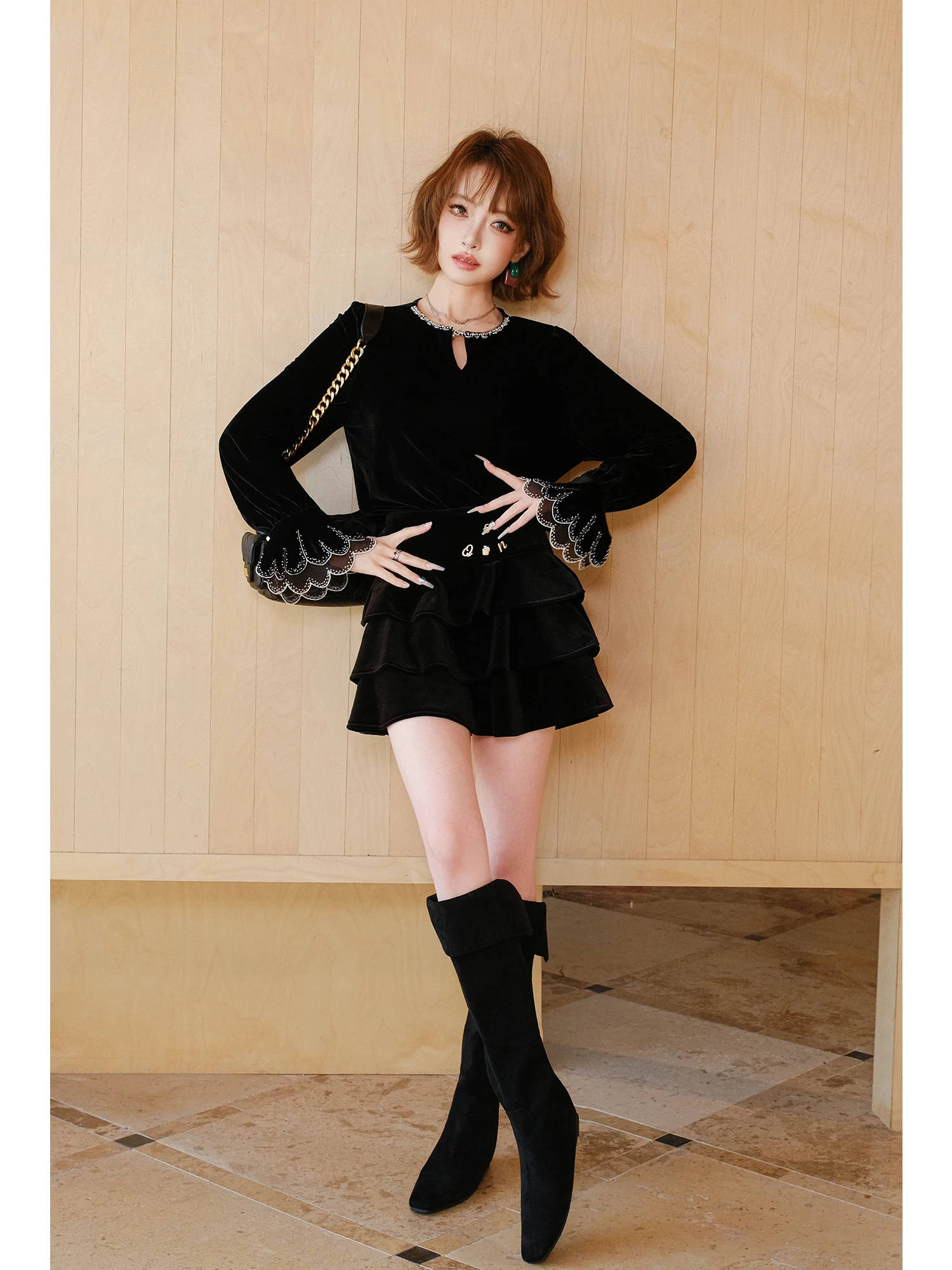 

MIUCO Velvet Cake Skirt Bla Oversize A-Line Skirt Commute OL Sle High Waist Baking ort Skirt Women's Faion