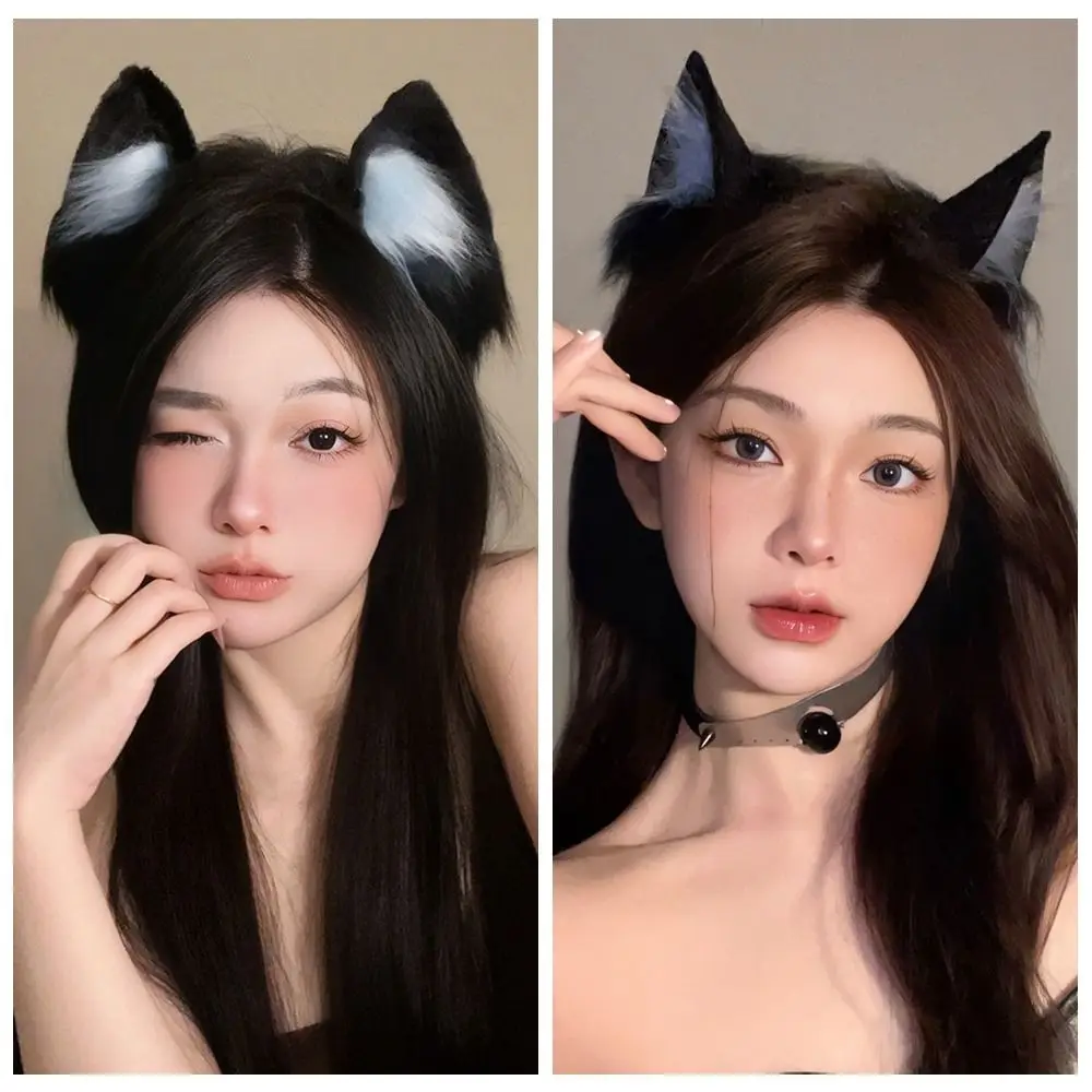 

New Plush Simulation Cat Ears Hair Band Cos Animal Ears Black Headwear Lace Fabric Lolita Hair Accessories Holiday Party Props