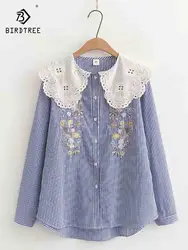 New Autumn Cotton Embroidery Shirts Women Peter Pan Collar Lace Tops Girl Long Sleeve Loose Blouses Sweet Cute Spring T39279QC