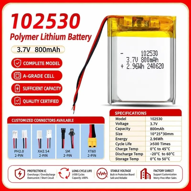 3pcs 3.7V 102530 800mAh Polymer Lithium Battery for Remote Control Dog Trainer Beauty Instrument Car Instrument Vanity Case