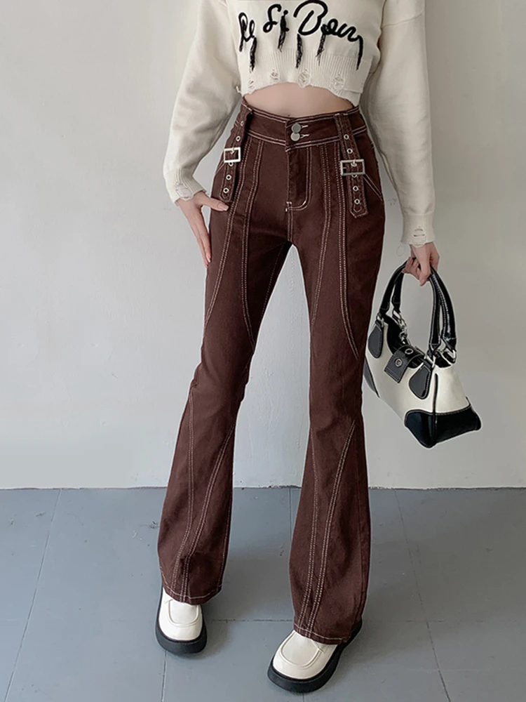 Retro High Waisted Flare Jeans Women Korean Autumn New Y2K High Street Brown Pants Female Buckle Cool Casual Pants S-XL