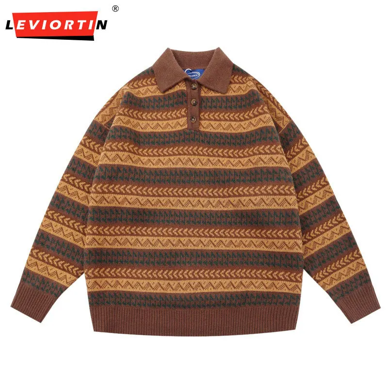 

Geometric Jacquard Sweater Mens Horizontal Stripes Autumn Winter Lapel Drop Shoulder Knitted Pullover Men