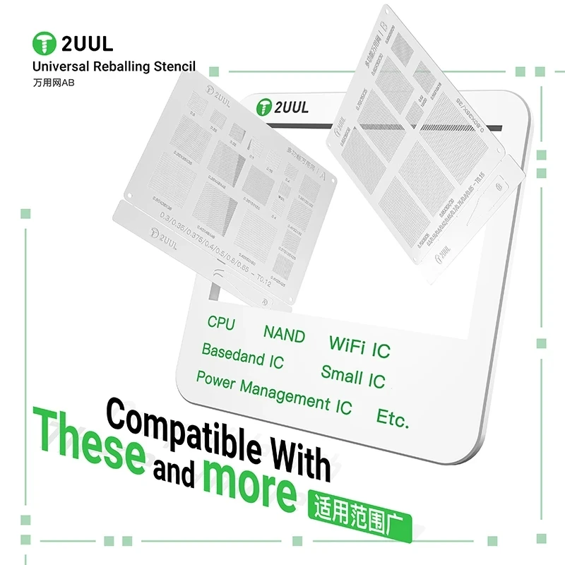 2UUL BG02 Universal Multi Function BGA Reballing Stencil 0.3/0.35/0.4 Spacing For CPU NAND WiFi Power IC Planting Tin Template