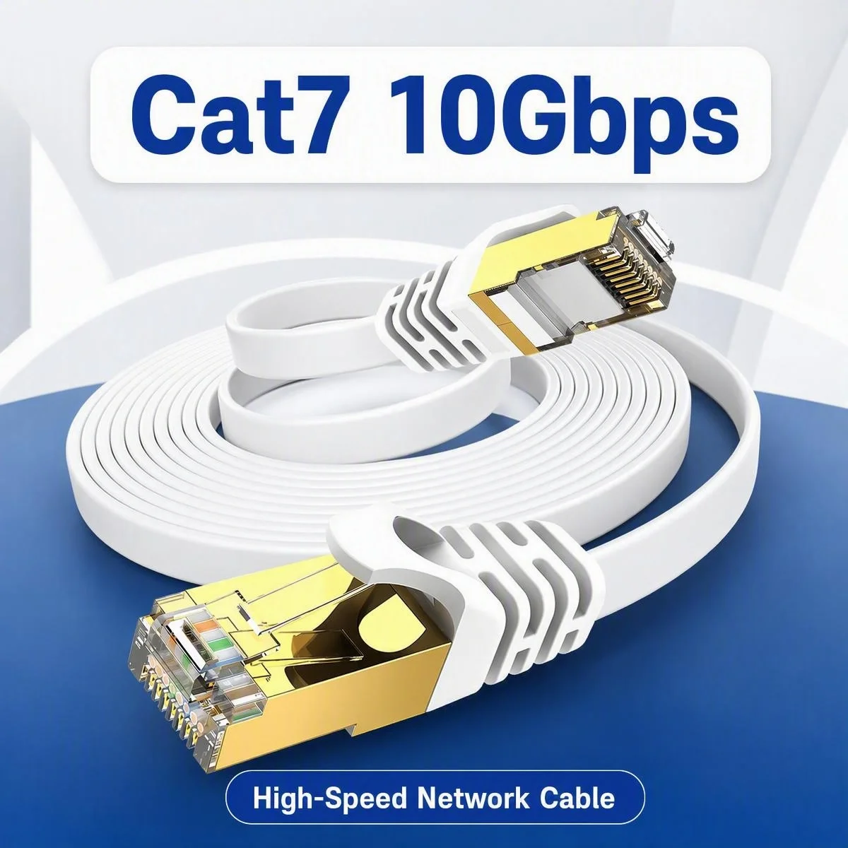 Cat7 10Gbps Double Shielded Ethernet Cable, White Flat Gold Plated RJ45 LAN Patch Cord