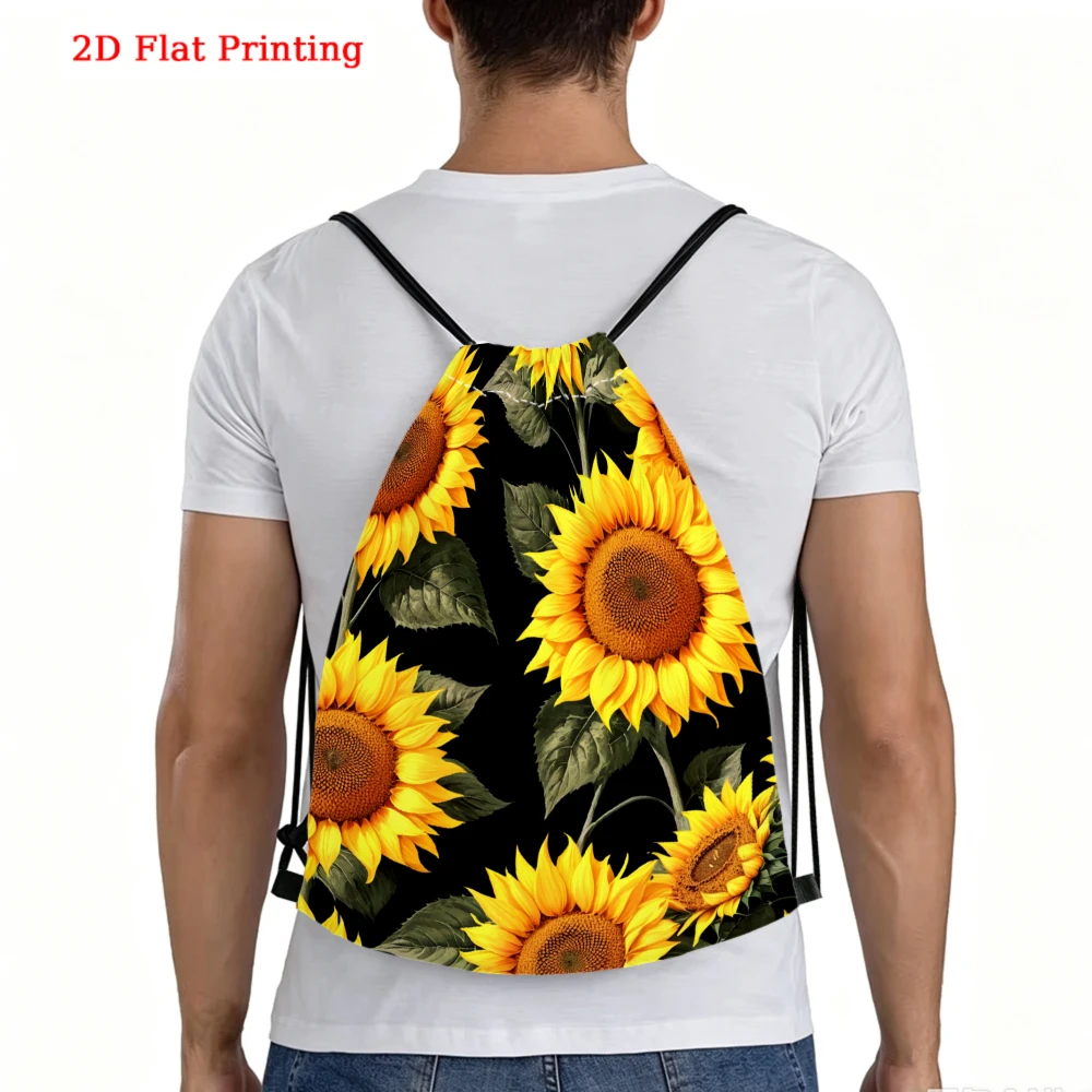 Vibrant Sunflower Print, Drawstring Backpack, 2D Flat Printing Sunflower Pattern, Gym Sports Bag, Outdoor Travel Cinch Sack